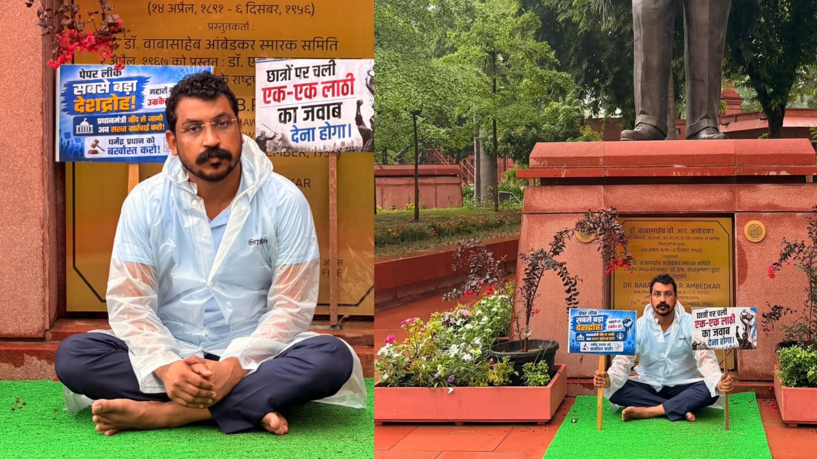 लाठीचार्जच्या विरोधात चंद्रशेखर आझाद मैदानात; मुसळधार पावसात बाबासाहेबांच्या पुतळ्याखाली धरणे आंदोलन