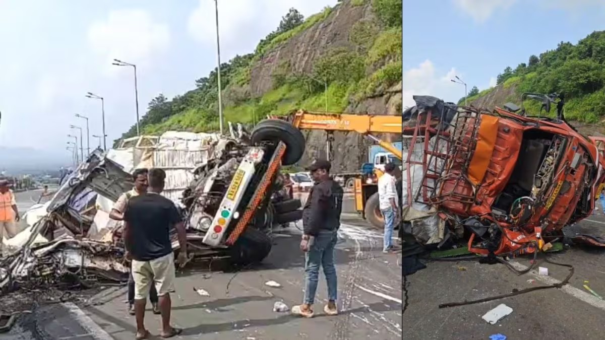 मुंबई-पुणे एक्स्प्रेस वेवर तीन कंटेनरचा भीषण अपघात, दोन जण ठार; रस्त्यावर सांडला केमिकल सदृश्य पदार्थ